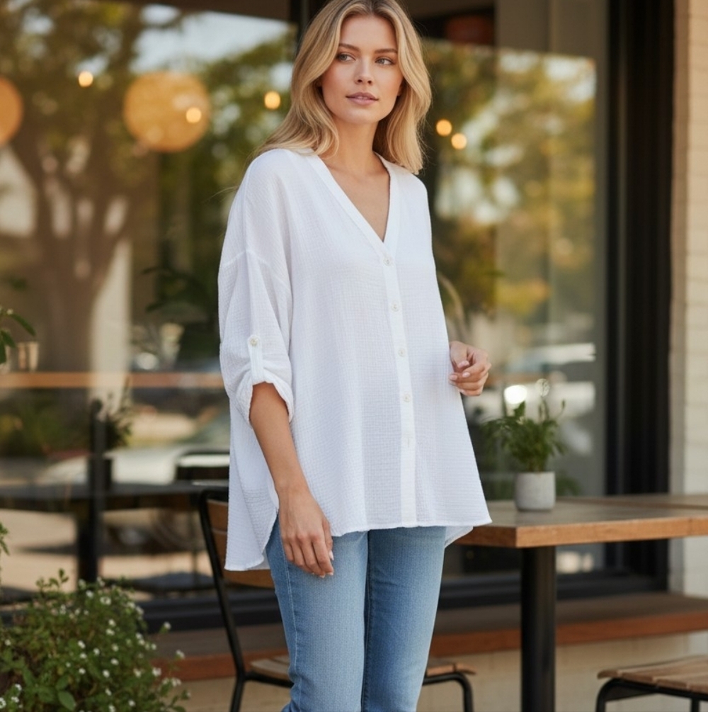 Foxcroft White Button-Down V-Neck Tunic Blouse